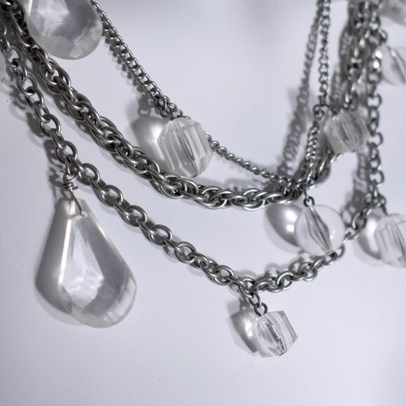 Vintage stacked silver necklace with clear faceted dangle beads faux crystals - Picture 2 of 5